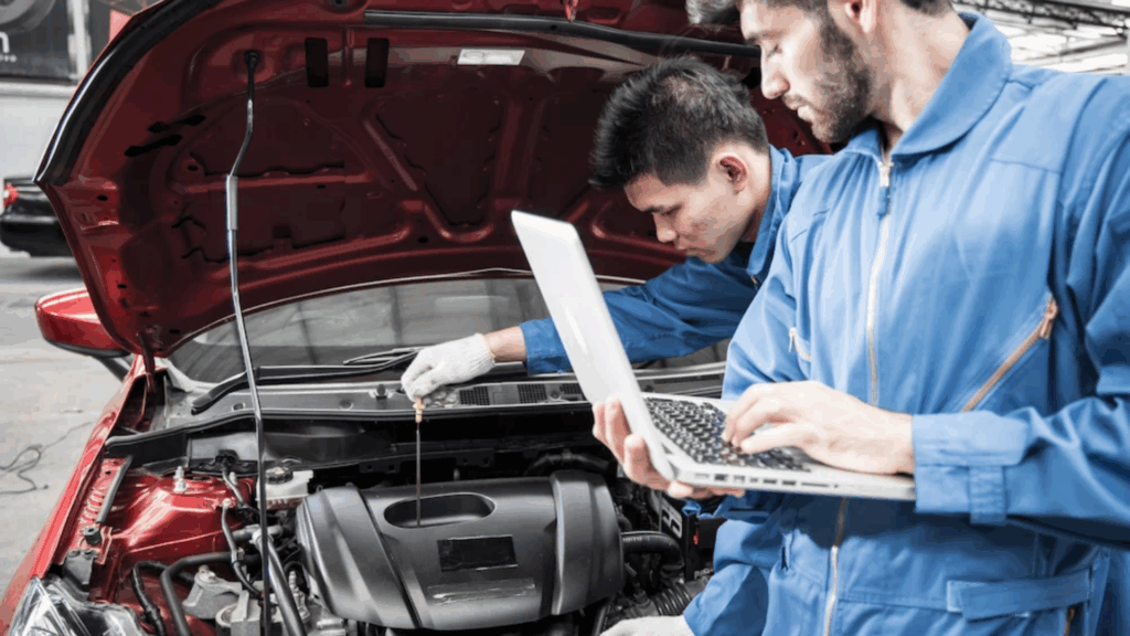 Technician performing car engine diagnostics at My Car Care